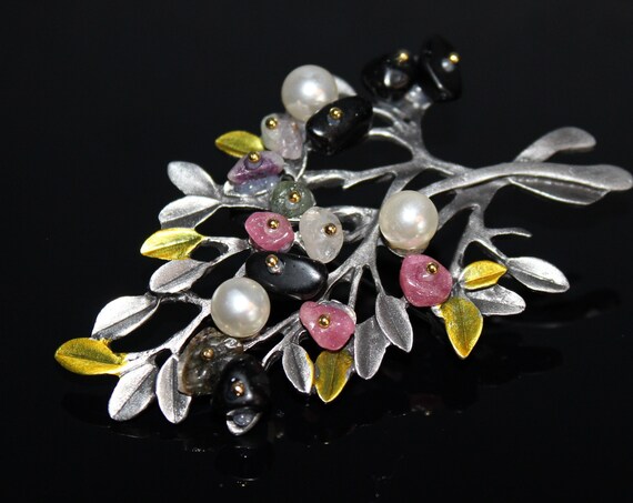 Tree of Life with natural gems Pendant and brooch jewelry