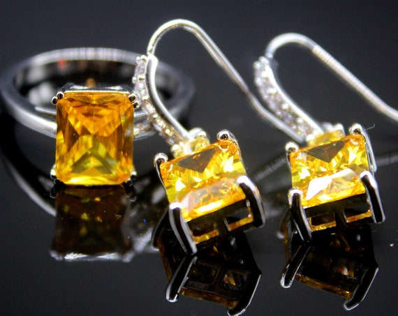 4 Carat Cut Yellow Austrian Cubic Zirconia jewelry set,Earrings with Ring,Elegant gift for her, Luxury Women Jewelry