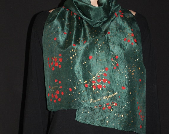 Hand painted and hand dyed silk scarf Winter Holly Berry 71-9 in
