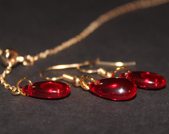 Pomegranate seed earrings and necklace, Gold and ruby red crystal drop  earrings, gift for her