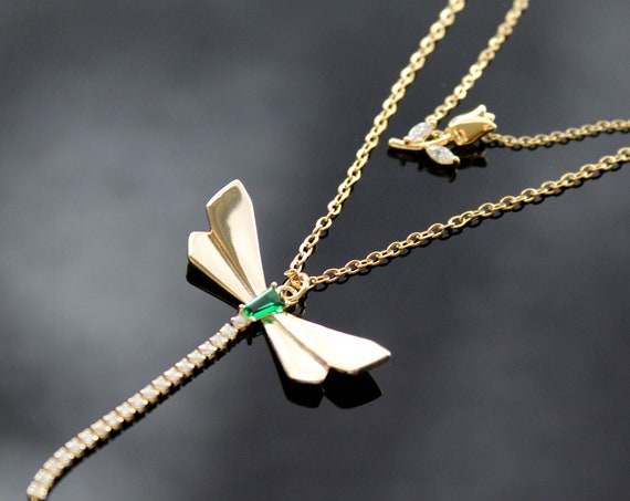 Dragonfly double chain necklace, 14 K gold plated stainless steel with zircon
