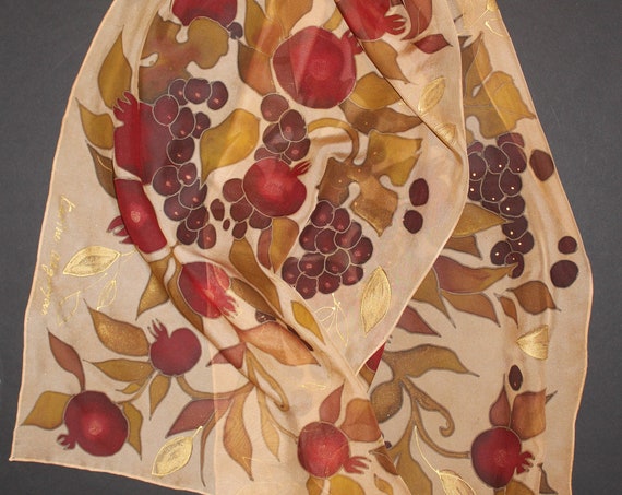 Hand painted silk scarf, Pomegranate scarf with ivory background with hand stitched edges