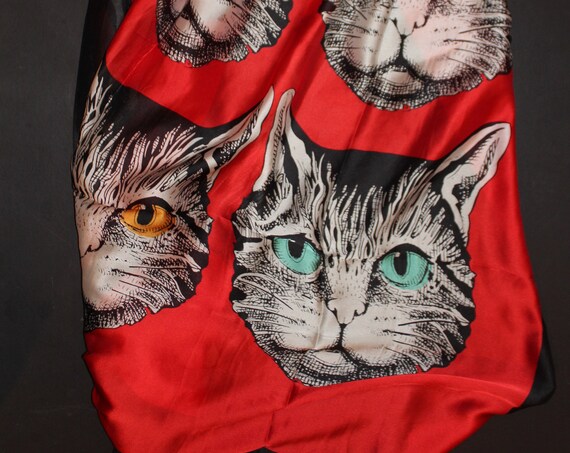 34-73 in cat scarf,Cat lover gift scarf,Cat gift,Extra large red black scarf,Animal print scarf,Valentines Gift For,Pet Lover Gift,Silk poly