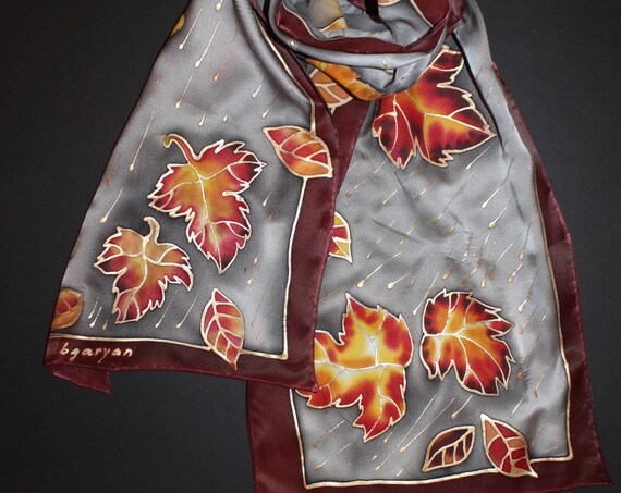 Hand painted silk scarf,Fall long satin scarf,Autumn Gray Gold Red Leaves,Luxury fall gift for her,Etsy ASAP gift
