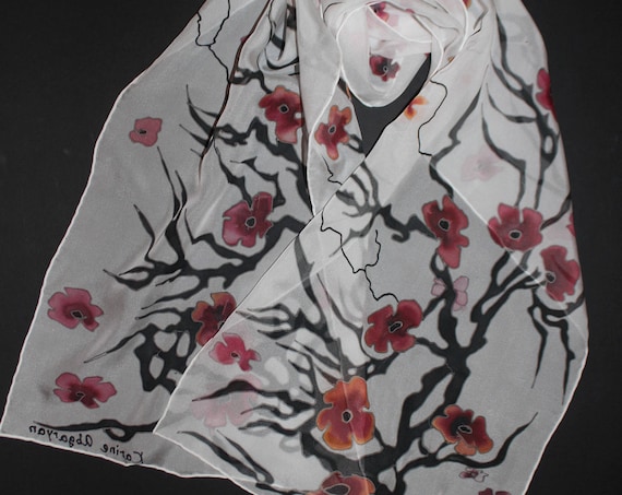 Hand painted cherry blossom scarf,Long silk scarf,Spring accessory,Mother gift, Gift for her