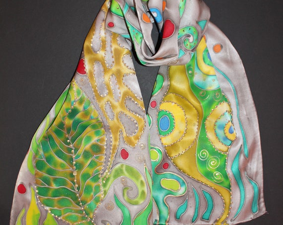 Hand painted leaves scarf,Long silk satin scarf,Fall autumn head cover,Gold leaves,Eesty ASAP gift for her, Batik,Hand dyed wrap shawl