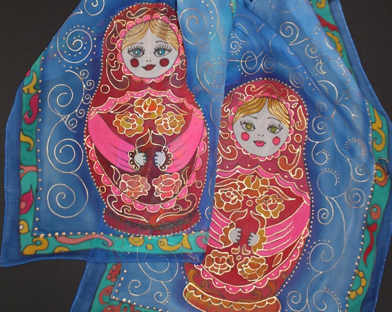 Hand painted silk scarf,Russian scarf matryoshka,Blue Chiffon scarf,Russian doll,Russian shawl,Painted Long Silk scarf,Gift for russian