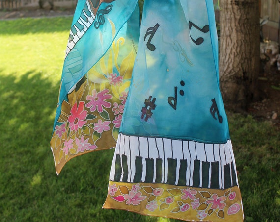 Unique hand painted silk chiffon scarf for pianist,music lover gift,black and white keys,musical notes, gift for composer musician melodist
