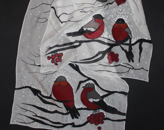 Hand painted scarf,Winter,Snowflake,Bird scarf,Holiday gift,Bullfinch,Painted silk,Long Chiffon scarf,Red white black,Gift for her