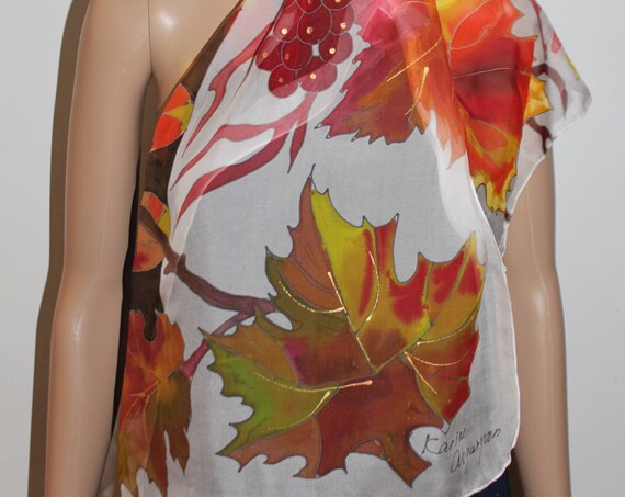 Hand painted fall leaves scarf Red orange yellow leaves Autumn Thanksgiving long chiffon scarf wrap Etsy ASAP Gift for her Acorn Scarf