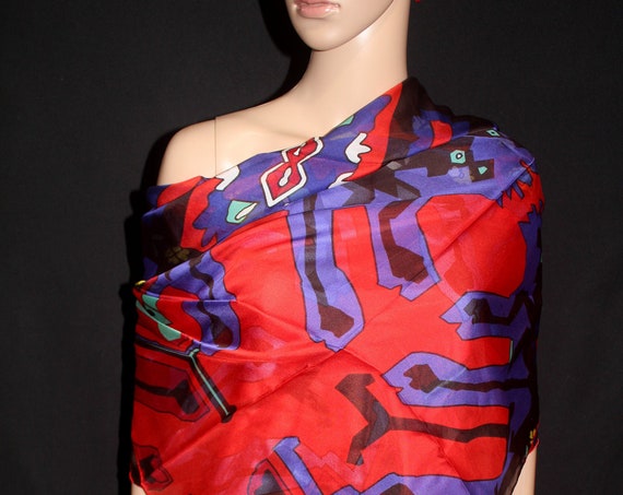 48-48 in square silk chiffon scarf, Silk wrap, shawl, sarong, Blue red black geometric pattern , Rug, carpet pattern