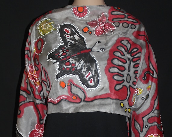 Hand painted butterfly scarf, Black and red silk scarf, Butterfly lover gift