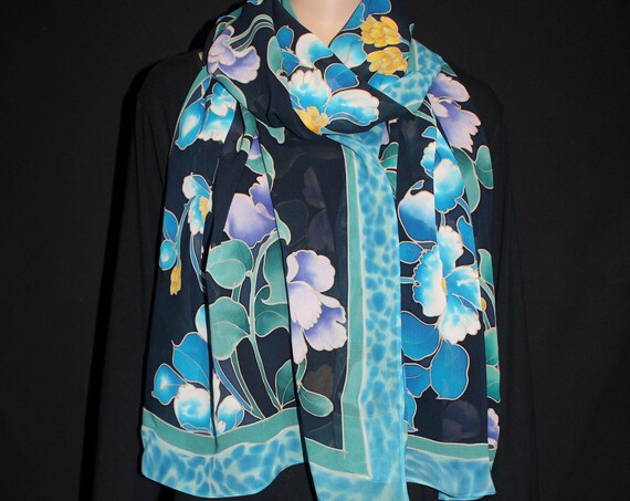 80-23 in Hand painted floral SILK scarf Amazing quality Free return READY to ship