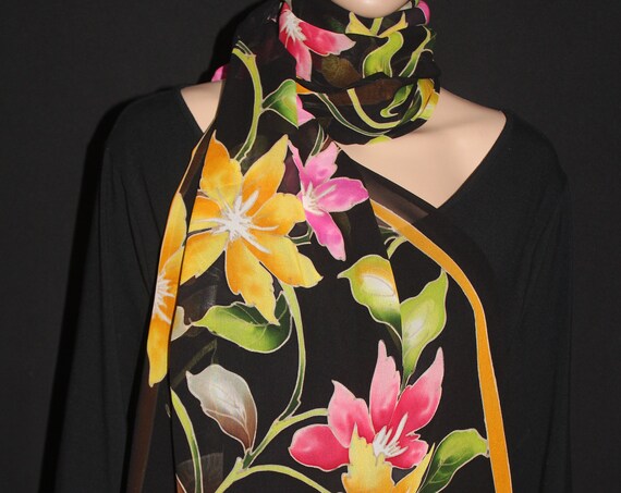 80-23 in Hand painted floral SILK scarf Amazing quality Free return READY to ship