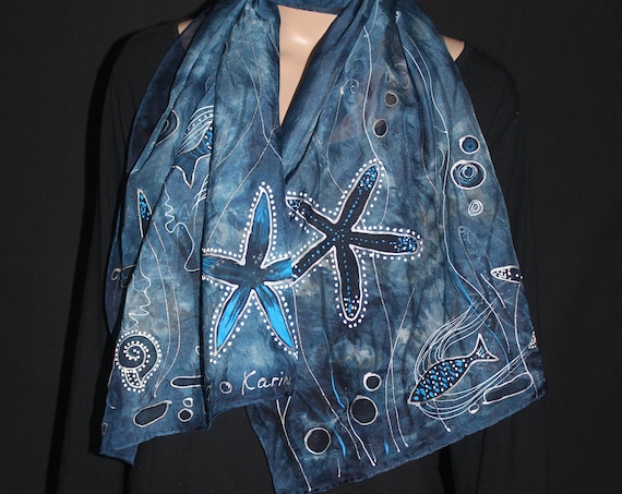 Hand painted and hand dyed silk scarf Dark blue and silver colors Perfect gift for her