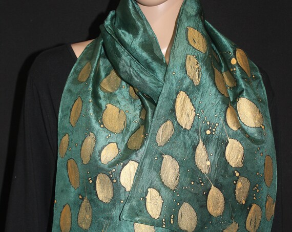 71-9 in 1-2 day free shipping hand dyed silk scarf, Gold and silver leaves
