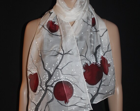 Hand painted winter pomegranate scarf, Snowflakes on pomegranate, Gift for her