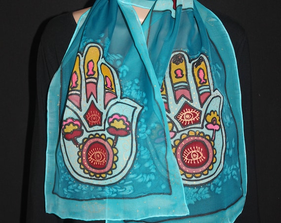 Hand painted silk scarf,Hamsa gift,gift for jewish,git for her,Hebrew gift,Long blue silk scarf,Head coverHanukkah