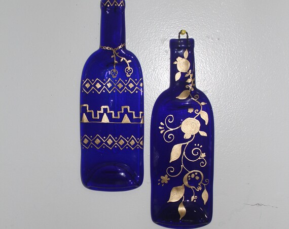 Hand painted cobalt blue glass bottle décor , wall hanging, cheese platter