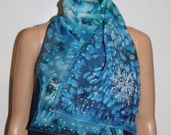 Hand painted winter motifs silk scarf, Snowflakes and tree branches