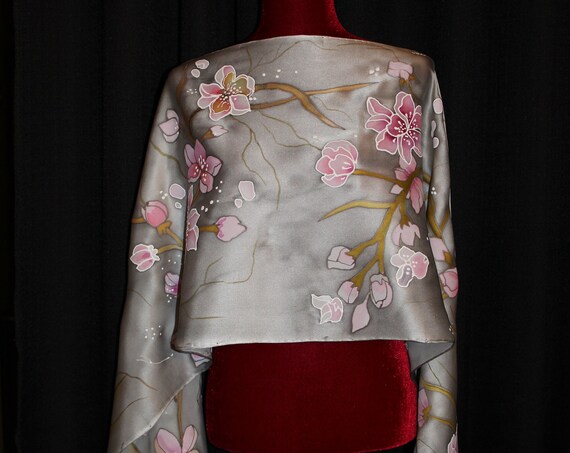 Hand painted silk satin scarf, Cherry blossom, Sakura, Long silk scarf,Gift for her, Mother gift, Anniversary gift for wife, Bride gift