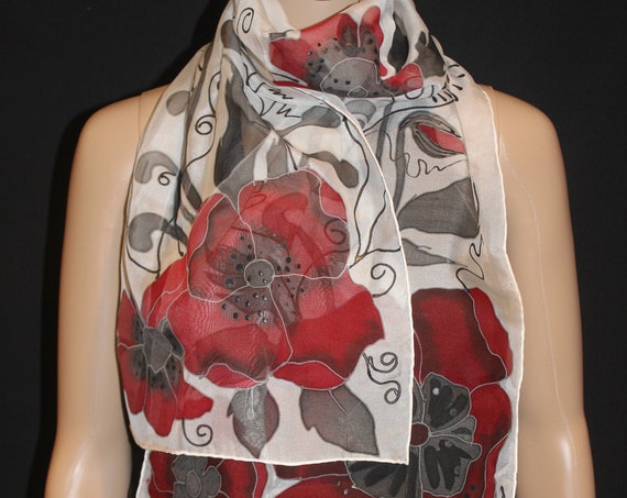 Hand painted Poppy scarf, Red poppy, White red black long silk scarf,Gift for her, Floral pattern