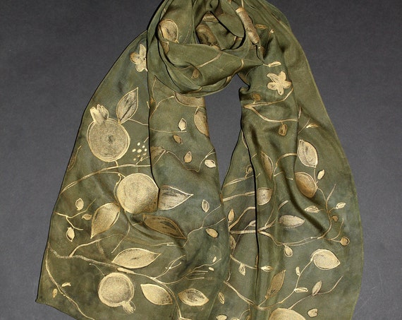 Hand painted hand dyed scarf,Long pure silk scarf,Brilliant shining gold leaves and pomegranate on sage green, Gift for mother, for her