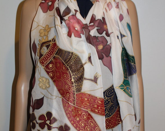 26-80 in Large Hand Painted Silk Scarf,Gold Bird scarf, beach wrap,shawl,sarong,head cover,gift for her,for mother,bird lover gift