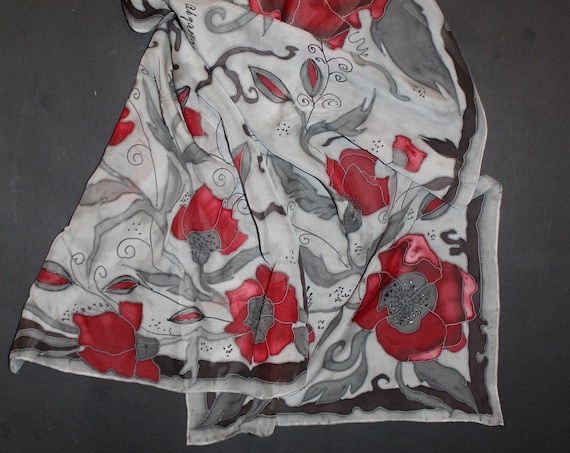 Hand Painted long Silk Scarf,Floral, Red, White, Gray Poppies, Gift for her