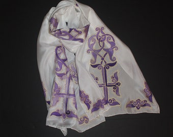 Hand painted cross silk scarf, Armenian cross, baptizing scarf