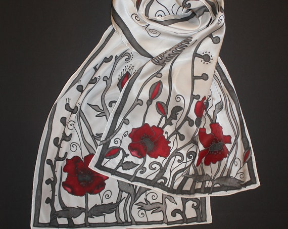 Hand painted silk scarf,White red scarf,Satin scarf,Red poppies,Long silk scarf,Painted silk,Gift for her,White silk scarf,Batik
