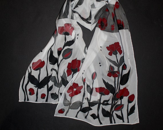 Hand painted poppy scarf,Long silk scarf,Floral summer scarf,Red flowers,Gray white red,Animal print,Gift for her,Gift for girlfriend,Etsy