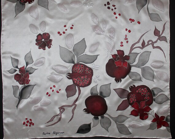 Hand painted silk scarf Pomegranates