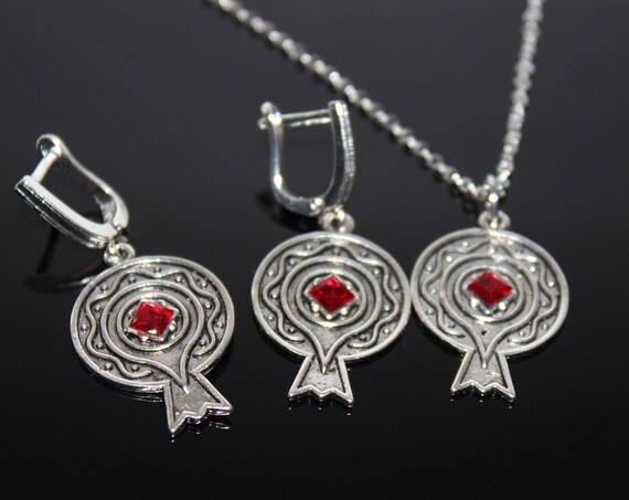 Pomegranate jewelry set earrings and necklace ancient gold and silver