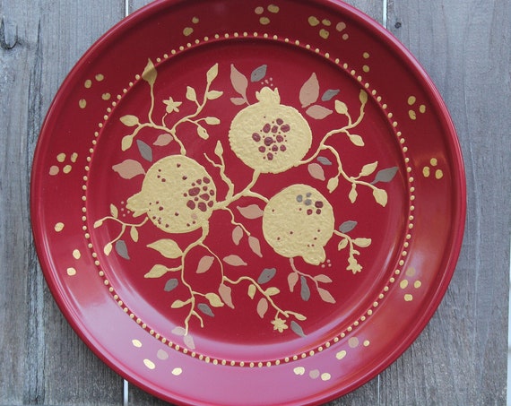 Hand painted Stoneware plate Gold pomegranates