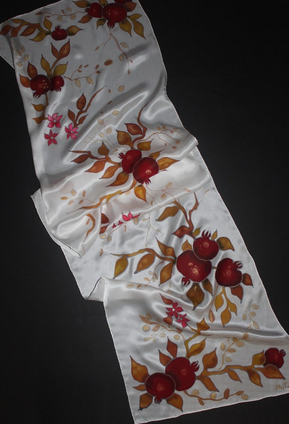 Hand painted silk scarf,Satin scarf,Handmade scarf,Jewish gift,Armenian gift,Armenian art,Gift for her,Autumn Fall scarf,Pomegranate,Gift