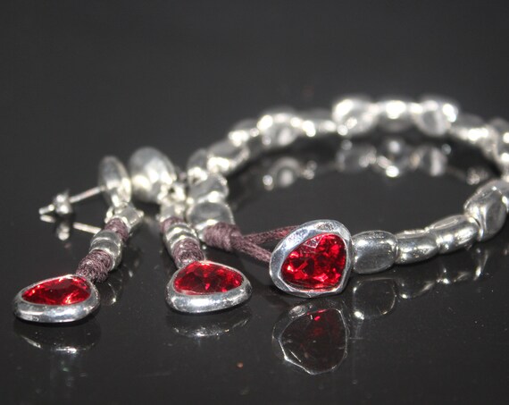 handmade jewelry set, With red crystal and silver plated bangle and earrings