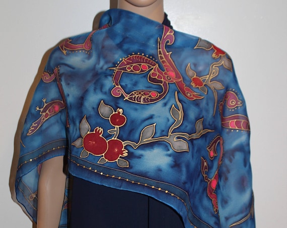 SHIPPING FROM US,Hand painted silk scarf,Armeniain letter alphabet scarf,Pomegranate bird letter scarf