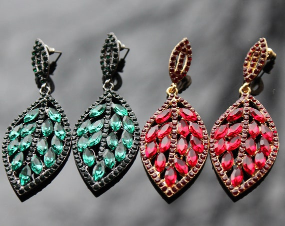 Green leaf dangle earrings with cubic zirconia