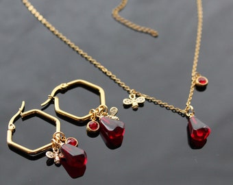 14K gold plated stainless steel, non tarnish jewelry  Pomegranate seed necklace and hoop earrings