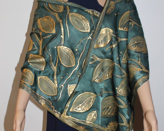Hand painted and hand dyed silk scarf,Gold leaves,Green long silk wrap shawl,Luxury autumn fall gift,Gift for her,Batik,Gold scarf,ASAP gift