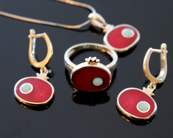 925 sterling silver delicate pomegranate earrings and pendant and ring
