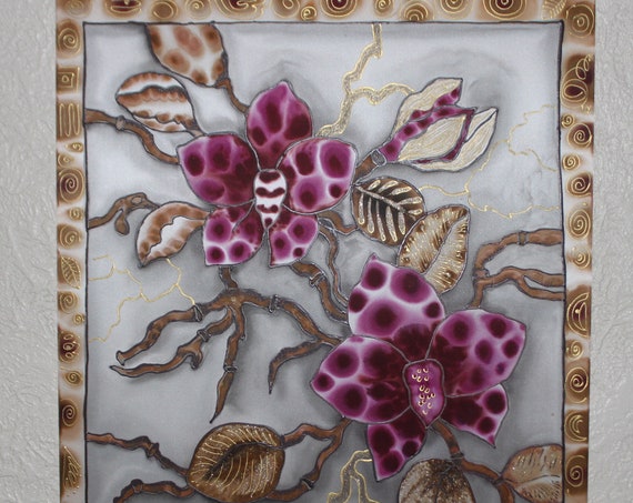 Original Painting on silk, Purple Orchids,Hand painting on silk