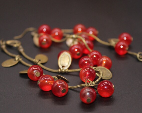 Red berry jewelry set, metal earring and bangle, Butcher's Broom bracelet earrings Buffaloberry Chokecherry Red Cherry
