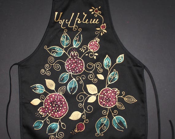 Custom hand painted black apron with pomegranates, Custom order, chef gift,personalized gifts