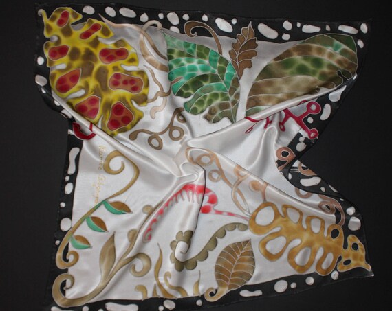 Hand painted silk satin scarf,Square white black scarf,Abstract exotic leaves,Nature,Animal print,Gift for her,Etsy ASAP,