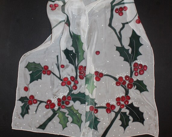 Hand painted scarf,Winter,Snowflake,Holiday gift,Bullfinch,Painted silk,Long Chiffon scarf,Red white black,Gift for her