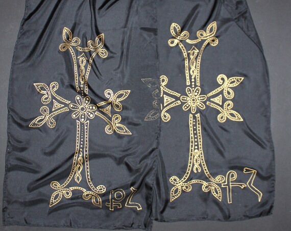 74-14 in Hand painted Armenian cross,Long black gold silk scarf,Armenian church head cover,Armenian church accessory for woman,Easter gift