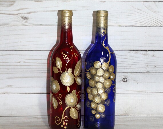 Hand painted 750ml Red & Cobalt Blue Glass Wine Bottle