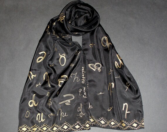 US free shipping Hand painted Armenian alphabet black scarf